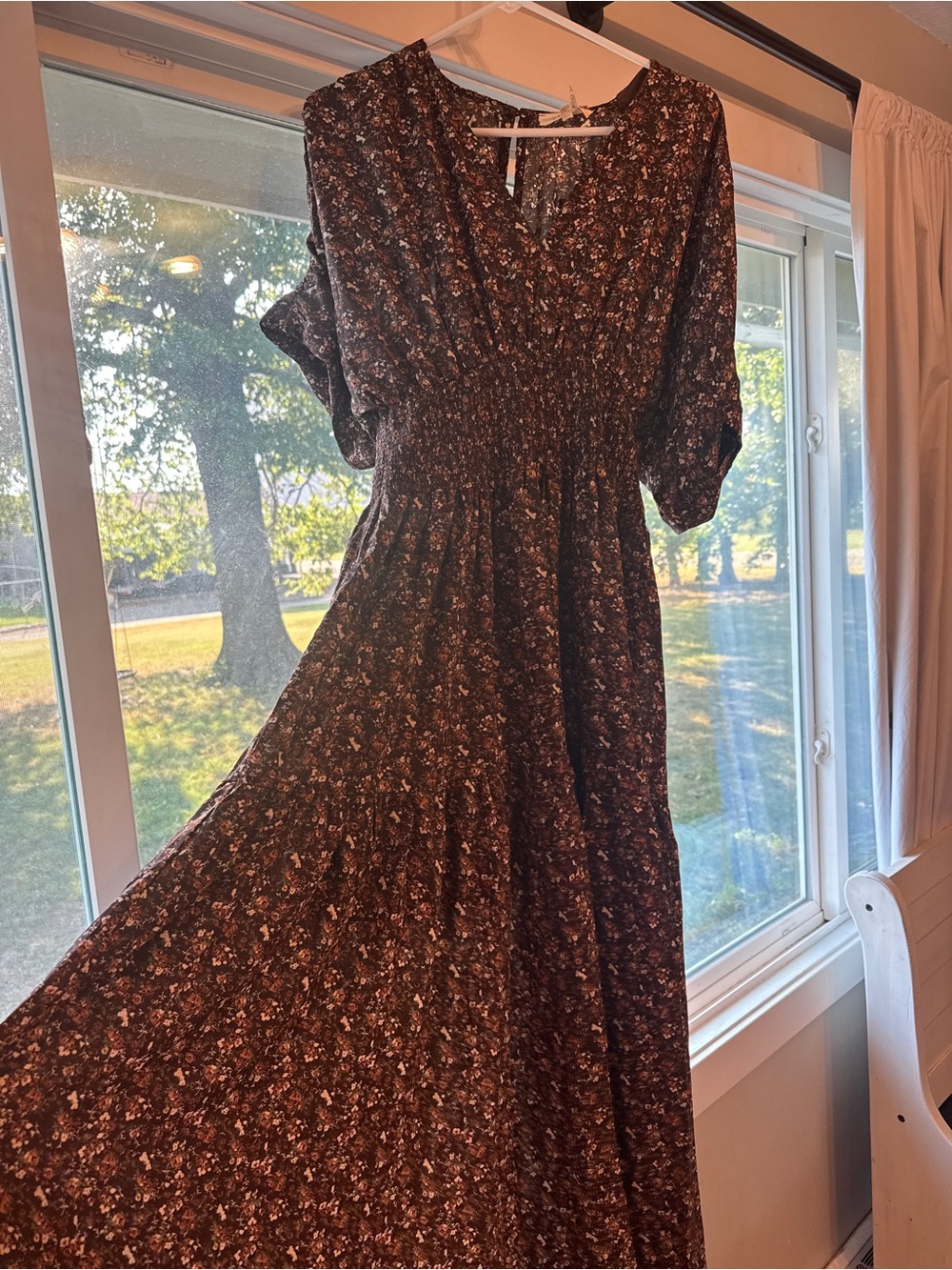 entro Brown Floral Maxi Dress with Smocked Waist
